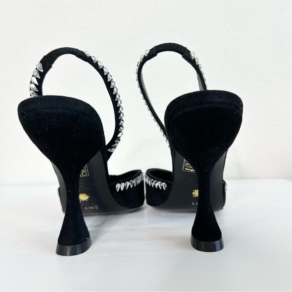STUART WEITZMAN Gem Cut Crystal Embellished Black Suede Slingback Pumps Size 6.5 - Picture 7 of 8